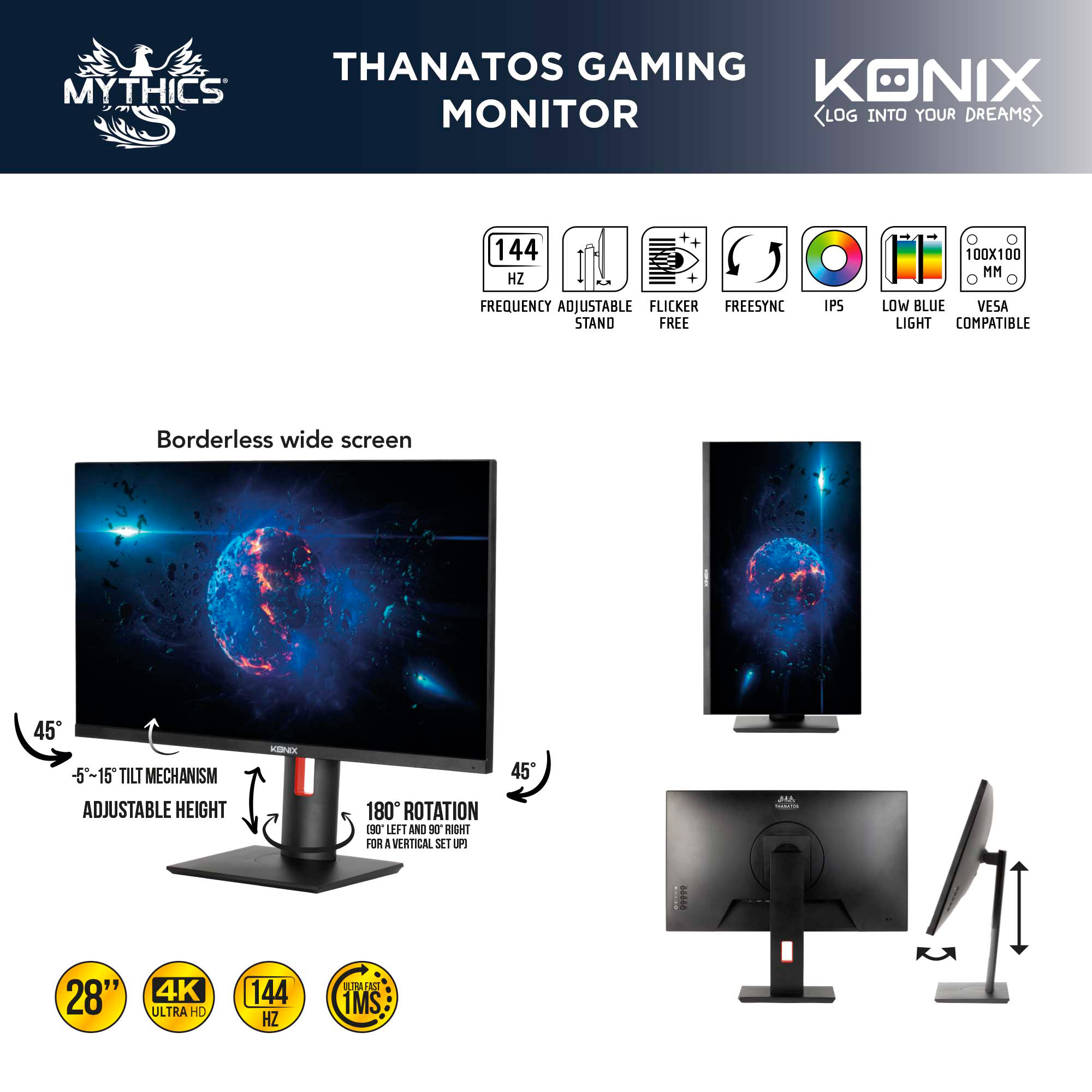 Konix Mythics Écran gaming Thanatos 4K 28 PC, PS4, PS5, Switch, Xbox -  Résolution UHD 2 160 px - Fréquence 144 Hz - 1 ms - HDMI 2.1 + 2.0 - Dalle  IPS : : Informatique